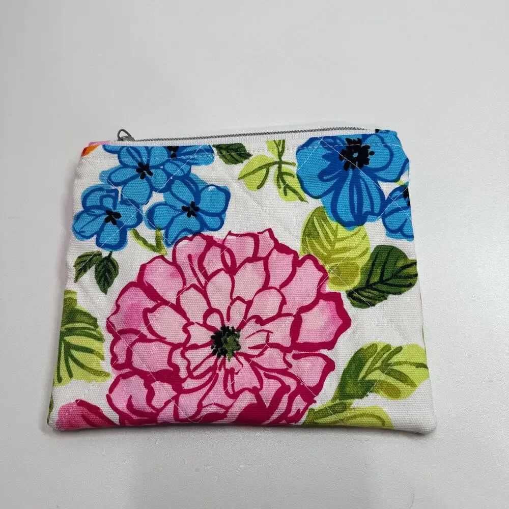 Quilted Colorful Floral Garden Tote Bag Denim Accent : Matching Zipper Pouch